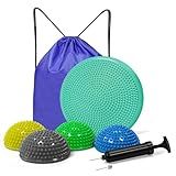Wobble Cushion Set for Core Body Balance Training - Wiggle Disc Plus 4 Hedgehog Balance Pods and Pump, Inflatable Stepping Pads for Adults（Teal）