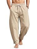 TRFIC Mens Linen Pants Casual Harem Pants Lightweight Summer Beach Pants Drawstring Vacation Yoga Trousers with Pockets Khaki