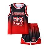 Basketball Jerseys 23# For Kids Youth Sports T-shirt Jersey Boys Girls Gradient Basketball Uniform Set 6-16Years RED-130