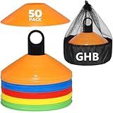GHB Soccer Cones 25/50/100 Pack Disc Soccer Sport Cones Training Field Marker Agility Cones for Traffic, Basketball, Coaching, Practice Equipment Includes Cone Drills Guide (50Pcs Multicolor)
