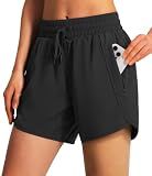 Ksmien Women's 5"/ 7" Athletic Running Shorts Quick Dry Lightweight Workout Gym Shorts with Zipper Pockets UPF 50+ Black L