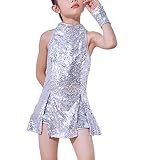 LOLANTA Girls Sequin Dance Costumes Glitter Dance Dress(Silver, 8-9Y)