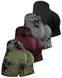 CHRLEISURE Women's 4 Packs Workout Gym Shorts, High Waisted Butt Lifting Scrunch Butt Seamless Booty Shorts(Tie Dyed Black/Army Green/Cassis,L)