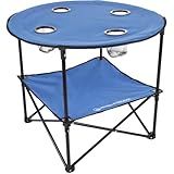 Wakeman Camp Table - Round 2-Tier Folding Table with 4 Cupholders and Carrying Bag - for Camping, Beach, Picnic, Sporting Events, and More Outdoors,Blue