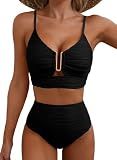 Herseas Women's Textured Bikini Set V Neck High Cut Bathing Suits Ribbed Sexy 2026 Beach Vacation Clothes Flattering Swim Suits Charming Cruise Essentials Black Medium