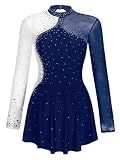 iiniim Women's Long Sleeve Figure Ice Skating Dress Shiny Rhinestone Ballet Skirted Leotard Dresses Navy Blue Medium
