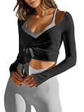 Fisoew Womens Wrap Tie Tops Long Sleeve Workout Crop Wrap Shirts Casual Lightweight Ballet Pilates Yoga Active Tops