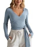 ODODOS Women's Waist Tie Wrap Top - Ultra Soft odSTRATUM Tech UPF 50+ Long Sleeve Cropped Ballet Yoga Shirt with Thumbholes, Dusty Blue Heather, Small