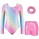 Zaclotre Gymnastics Leotards for Girls Long Sleeve Sparkly Dance Unitards Biketards with Tumbling Shorts