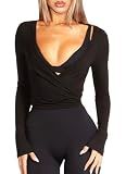 Navneet Women Long Sleeve Ballet Pilates Yoga Wrap Tie Front Tops Workout Gym Shirts Cardigan Black S