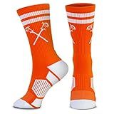 ChalkTalkSPORTS Lacrosse Performance Crew Socks - Retro Crossed Sticks - Orange & White - Lacrosse Mid-Calf Socks - Youth