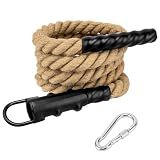 Gym Climbing Rope for Adults, Indoor Outdoor Training Ropes, 1.5" x 10ft | Durable natural hemp climbing rope with heavy-duty carabiner for adult CrossFit, home gym workout & upper body strength.