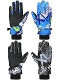 Honoson 2 Pairs Kids Snow Gloves, Winter Waterproof, Retro, 9-12 Years