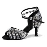 Women Rhinestone Latin Dance Shoes Ankle Strap Salsa Prom Heels Black 6US