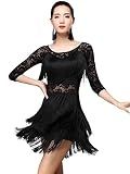 Z&X Women's Fringed Ballroom Costume Lace Round Neck 1/2 Sleeve Tango Salsa Latin Dance Dress with Shorts (Tag M, Black)