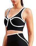 colorskin Women Sports Workout Bras Contrast Piping Bras Wirefree Yoga Bra Padded Sports Bra (Black,X-Small)