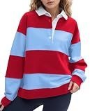 Ardrem Women Oversized Striped Polo Sweatshirt Color Block Lapel Collared Pullover Tops Striped Long Sleeve Rugby Shirts