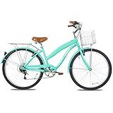 WEIZE Beach Cruiser Bike, 26 inch Commuter Bicycle for Adult Men and Women, 7-Speed/High-Carbon Steel/Front & Rear Fenders, Comfortable City Bikes with Rear Rack&Basket, Ergonomic Upright Design,Teal