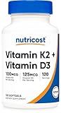 Nutricost Vitamin D3 + K2 (5000 IU D3 / 100mcg MK7), 120 Softgels – Gluten-Free & Non-GMO