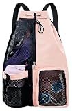 lifwimner Mesh Beach Backpack with Wet Pocket Drawstring Pool Bag Waterproof Swimming Bag Gym Backpack for Men & Women(Pink)