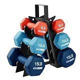 HolaHatha Neoprene Dumbbell Weights Set with Rack, Home Gym Equipment, 60 Lbs, Blue/Red - Portable Weighted Exercise Dumbbells for Fitness, Training, and Lifting Workouts