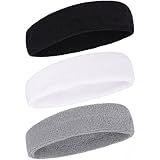 Sweatbands Sports Headband for Men and Women Terry Cloth Moisture Wicking Sports Sweatband for Tennis, Basketball, Running, Gym, Working Out (Black, White, Gray)