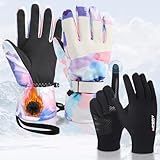 Chicingyou 2 Set Ski Gloves with Ski Touchscreen Liners Waterproof with Wrist Leashes Snowboarding Winter Gloves for Women Men Suit for Outdoor Skiing Running Cycling Hiking Biking(Purple,M + M)