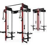GOIMU WM3-V4 Folding Squat Rack, Wall Mounted Power Rack with Dual Independent Pulley System, Functional Trainer with 5 Adjustable Function Modes for Space Saving (WM3 Folding Cage Red)