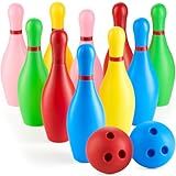 Kids Bowling Set - 10 Colorful Plastic Pins & 2 Lightweight Bowling Balls - Family Fun Indoor & Outdoor Toddler Bowling Set Game for Boys & Girls, Educational & Active Play Toy, Birthday Gift Ages 3+