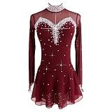 LIUHUO Deep Red Ice Figure Skating Dress for Girls Women Backless Long-Sleeved Beaded Dresses
