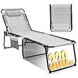 GYMAX Lounge Chairs for Outside, Extra High Folding Beach Tanning Lounger with Adjustable Backrest, Footrest & Removable Pillow, Sunbathing Lounge for Patio, Poolside (1, Grey with Pocket)