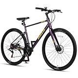 AVASTA 700C Road Adult Step-Over Hybrid Bike Bicycle for Men Woman Male Female,Lightweight Aluminum Alloy Frame with 21-Speed Gearing for City Commuting,Dual Disc Brakes,19 inch Frame,Purple