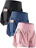 CADMUS 2 in 1 Women's Workout Shorts Athletic Gym Running Shorts for Women Phone Pockets,Black & Navy Blue & Pink, Large