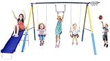 5-in-1 Kids Swing Set for Backyard | Outdoor Playset with Slide, Basketball Hoop, 2 Swing Seats & Gymnastics Rings | Ages 3-8
