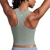 CRZ YOGA Womens Seamless Ribbed Longline High Neck Sports Bra - Racerback Padded Slim Fit Crop Tank Top with Built in Pads Dark Green Heather Medium
