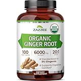 Zazzee USDA Organic Ginger Root 20:1 Extract, 6000 mg Strength, Standardized to 5% Gingerols, 100 Vegan Capsules, 20X Potency, Digestive and Stomach Support, Non-GMO, All-Natural, Made in The USA