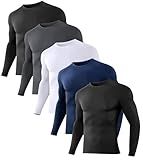 Dalavch 5 Pack Men’s Compression Shirts Long Sleeve Athletic Workout Tops | Cool Dry, Rash Guard, Gym, Basketball, Running, Cycling, Base Layer Undershirt, 2 Black 2 White 1 Blue, Large