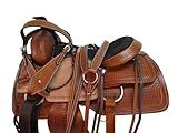 Western Trail Saddle Horse Pleasure Comfortable Ride Tooled Leather Rodeo Cowboy Saddles 15 16 17 18 FQHB (15 Inch, Waffle Tooled Black)