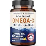 Triple Strength DHA Omega 3 Fish Oil 3600 mg | Over 2100mg Omega-3 Fatty Acids with 860mg of DHA | 1300mg EPA | Best Essential Fatty Acids | Premium Wild Caught & Burpless Fish Oil | 120 ct.