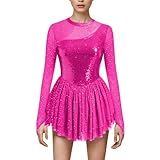 AFAVOM Sequin Figure Skating Dress for Women Girls Long Sleeve Mesh Rhinestone Ice Skating Dress Glitter Asymmetrical Chiffon Skirt Shiny Ballet Lyrical Costume for Competition Performance Hot Pink M