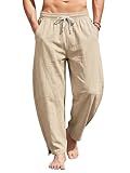TRFIC Mens Linen Pants Casual Harem Pants Lightweight Summer Beach Pants Drawstring Vacation Yoga Trousers with Pockets Khaki