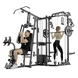 GMWD Dual-Station SmithΔ Machine Power Cage, All-in-One Home Gym Workout Station with 121LB Weight Stacks & Cable Crossover, Professional Functional Trainer for Couples & Family Strength Training