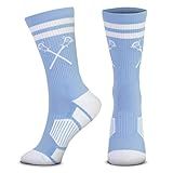 ChalkTalkSPORTS Lacrosse Performance Crew Socks - Retro Crossed Sticks - Carolina & White - Lacrosse Mid-Calf Socks - Adult