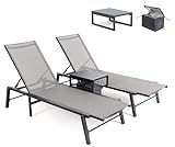 Brafab Outdoor Lounge Chair Set - 3 Pieces Aluminum Patio Chaise Chairs Set, Pool Loungers with Side Table & Insulated Cooler Bag, Adjustable Backrest Beach Chair for Poolside Garden Lawn Deck, Grey