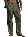 Gafeng Mens Linen Pants Yoga Beach Loose Fit Casual Summer Elastic Waist Drawstring Baggy Trousers with Pockets Army Green