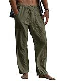 Gafeng Mens Linen Pants Yoga Beach Loose Fit Casual Summer Elastic Waist Drawstring Baggy Trousers with Pockets Army Green