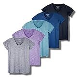 Real Essentials 5 Pack: Women's Dry Fit Short Sleeve V Neck Workout Top - Fitness Pilates Gym Athletic Yoga T-Shirt (Plus Available), Set 1, L