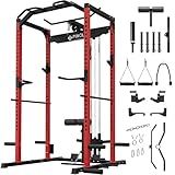 Mikolo F4 2.0 Power Cage with Dual-Track Smooth Pulley System, 1200LBS Power Rack with Leg Hold-Down for Heavy LAT Pulldowns, All-in-One Squat Rack with More Training Attachments for Home Gym (Red)