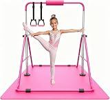 Sportsroyals Gymnastics Bar for Kids,Adjustable Height Gymnastic Horizontal Bars,Folding Gymnastic Junior Training Kip Bar for Home, Pink (Pink+mat)