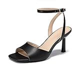 Athlefit High Heels for Women Black Square Open Toe Stiletto Heels Ankle Strap Buckle Dress Prom Kitten Heeled Sandals Size 8